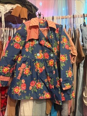 Navy Floral Double-Breasted raincoat with Pink Accents